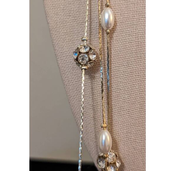 Three Strand Gold Tone Chain Necklace w/ Oblong Faux Pearls & Pave Balls - Picture 4 of 7